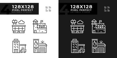 2D pixel perfect dark and light mode linear icons set representing various buildings, editable thin line illustration. vector