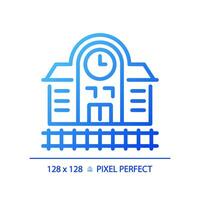 2D pixel perfect blue gradient railway station icon, isolated vector, building thin line illustration. vector