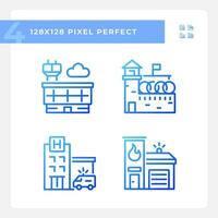 2D pixel perfect blue gradient linear icons set representing various buildings, thin line illustration. vector