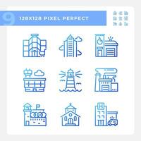 píxel Perfecto azul degradado íconos representando varios arquitectura, Delgado línea ilustración. vector