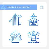 Blue gradient icons set representing various buildings, thin line illustration. vector