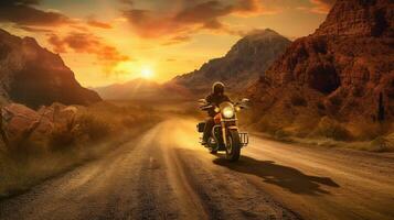 Generative AI, Motorcycle rider on street riding, sunset sky, having fun driving the empty highway on a motorcycle tour journey photo