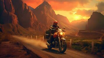 Generative AI, Motorcycle rider on street riding, sunset sky, having fun driving the empty highway on a motorcycle tour journey photo