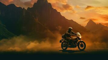 Generative AI, Motorcycle rider on street riding, sunset sky, having fun driving the empty highway on a motorcycle tour journey photo