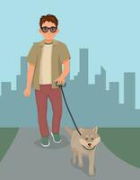 Young man walking dog in the park vector