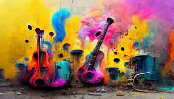 Generative AI, Street art with keys and musical instruments silhouettes. Ink colorful graffiti art with melted paint photo