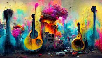 generativo ai, calle Arte con llaves y musical instrumentos siluetas tinta vistoso pintada Arte con Derretido pintar foto