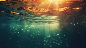 Generative AI, Dark blue ocean surface seen from underwater with sun light photo