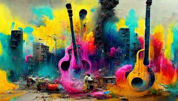 Generative AI, Street art with keys and musical instruments silhouettes. Ink colorful graffiti art with melted paint photo