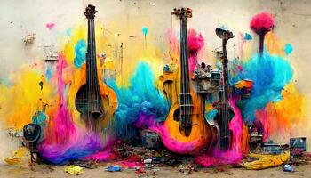 Generative AI, Street art with keys and musical instruments silhouettes. Ink colorful graffiti art with melted paint photo