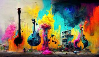 Generative AI, Street art with keys and musical instruments silhouettes. Ink colorful graffiti art with melted paint photo