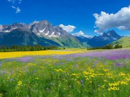 the meadow of flowers and mountains ai generated photo