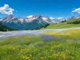 flores silvestres en un prado con montañas en el antecedentes ai generado foto