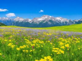 flores silvestres en un prado con montañas en el antecedentes ai generado foto