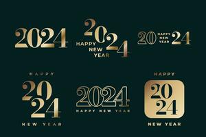 Set of 2024 Happy New Year Logo Text Design. 2024 Numbers or Labels with Gold Color Isolated on Black Background. New Year Symbol vector