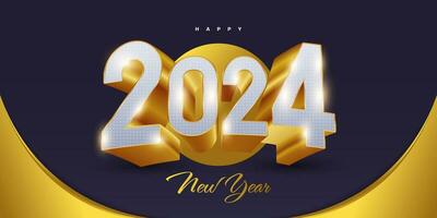 Elegant and Luxury 2024 New Year Banner or Poster Design with White and Gold 3D Numbers. Happy New Year 2024 Design vector