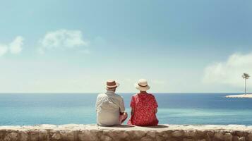 generativo ai, un mayor Pareja mirando a el Oceano o mar, teniendo divertido a el playa foto