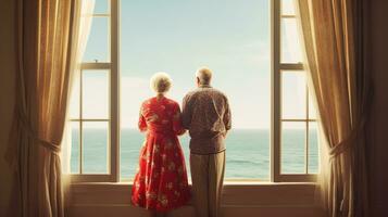 Generative AI, A senior couple looking to the ocean or sea, having fun at the beach photo