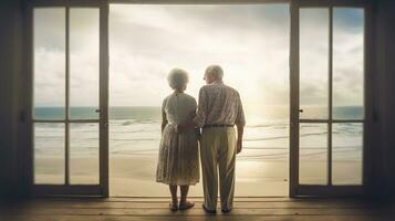 Generative AI, A senior couple looking to the ocean or sea, having fun at the beach photo