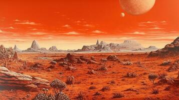 Generative AI, Surreal view from the orange planet landscape, sci-fi illustration, red martian terrain. photo