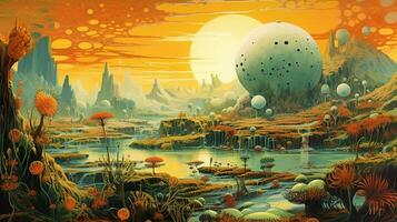 Generative AI, Surreal view from the orange and green planet landscape, sci-fi illustration, red martian terrain. photo