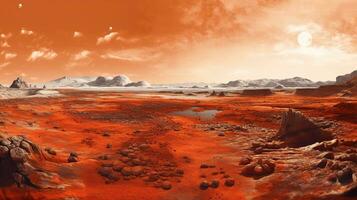 Generative AI, Surreal view from the orange planet landscape, sci-fi illustration, red martian terrain. photo