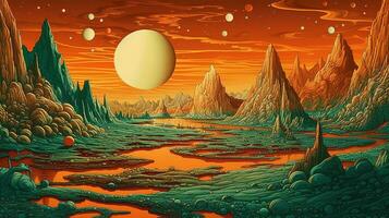 Generative AI, Surreal view from the orange and green planet landscape, sci-fi illustration, red martian terrain. photo