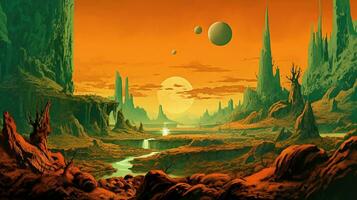 Generative AI, Surreal view from the orange and green planet landscape, sci-fi illustration, red martian terrain. photo