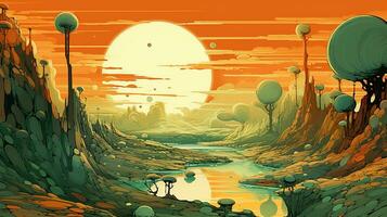Generative AI, Surreal view from the orange and green planet landscape, sci-fi illustration, red martian terrain. photo