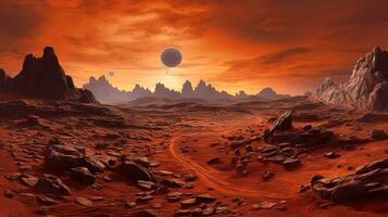 Generative AI, Surreal view from the orange planet landscape, sci-fi illustration, red martian terrain. photo