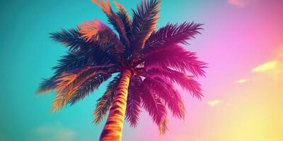 Generative AI, retro california coconut palms. Hawaii palm trees at sunset. Summer background photo