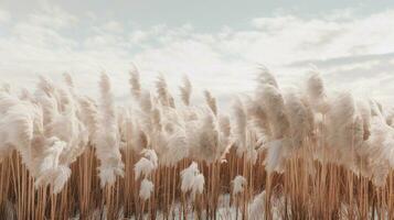 Generative AI, Pampa grass branch with sky. Abstract natural boho background of soft plants, Cortaderia selloana photo