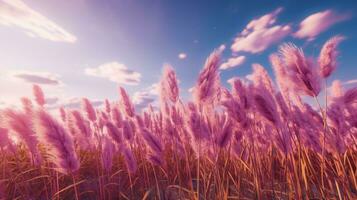 Generative AI, Pampa purple lavender color grass branch with sky. Abstract natural boho background of soft plants, Cortaderia selloana photo