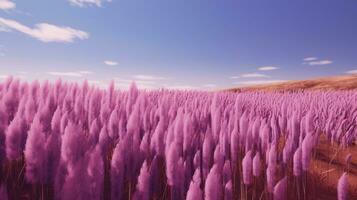 Generative AI, Pampa purple lavender color grass branch with sky. Abstract natural boho background of soft plants, Cortaderia selloana photo