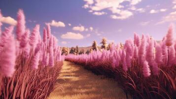 Generative AI, Pampa purple lavender color grass branch with sky. Abstract natural boho background of soft plants, Cortaderia selloana photo