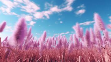 Generative AI, Pampa purple lavender color grass branch with sky. Abstract natural boho background of soft plants, Cortaderia selloana photo