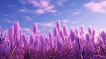 Generative AI, Pampa purple lavender color grass branch with sky. Abstract natural boho background of soft plants, Cortaderia selloana photo