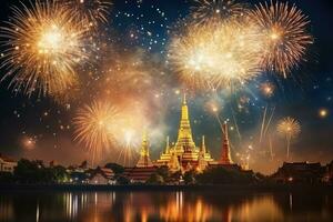 hermosa Fuegos artificiales espectáculo a wat arun templo, bangkok, tailandia, hermosa Fuegos artificiales espectáculo para celebracion con difuminar bokeh ligero terminado phra nakhon khiri, ai generado foto