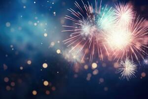 Colorful fireworks with bokeh effect on black background for celebration, Beautiful firework display for celebration with blur bokeh light, AI Generated photo