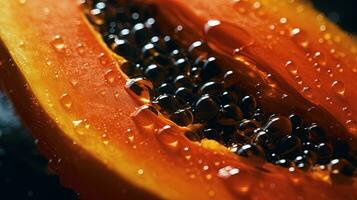 Generative AI, Macro Fresh half of papaya fruit background. Tropical exotic closeup photo with drops