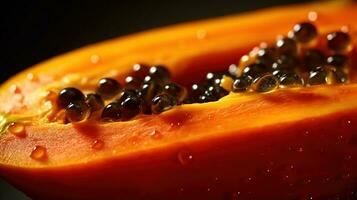 generativo ai, macro Fresco medio de papaya Fruta antecedentes. tropical exótico de cerca foto con gotas