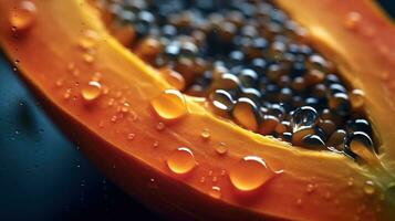 Generative AI, Macro Fresh half of papaya fruit background. Tropical exotic closeup photo with drops