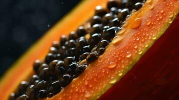 generativo ai, macro Fresco medio de papaya Fruta antecedentes. tropical exótico de cerca foto con gotas