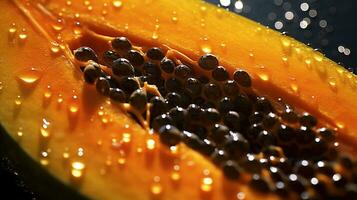 generativo ai, macro Fresco medio de papaya Fruta antecedentes. tropical exótico de cerca foto con gotas