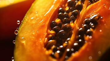 generativo ai, macro Fresco medio de papaya Fruta antecedentes. tropical exótico de cerca foto con gotas