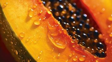 Generative AI, Macro Fresh half of papaya fruit background. Tropical exotic closeup photo with drops