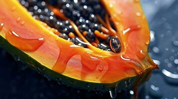 generativo ai, macro Fresco medio de papaya Fruta antecedentes. tropical exótico de cerca foto con gotas