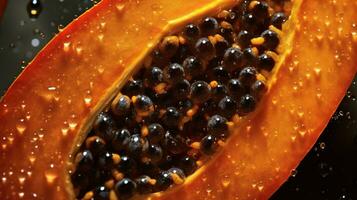 generativo ai, macro Fresco medio de papaya Fruta antecedentes. tropical exótico de cerca foto con gotas