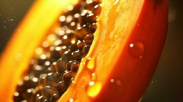 generativo ai, macro Fresco medio de papaya Fruta antecedentes. tropical exótico de cerca foto con gotas