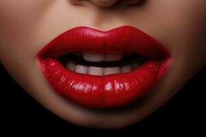 Beautiful female lips with red lipstick on black background, closeup, Beautiful female sexy lips, AI Generated photo